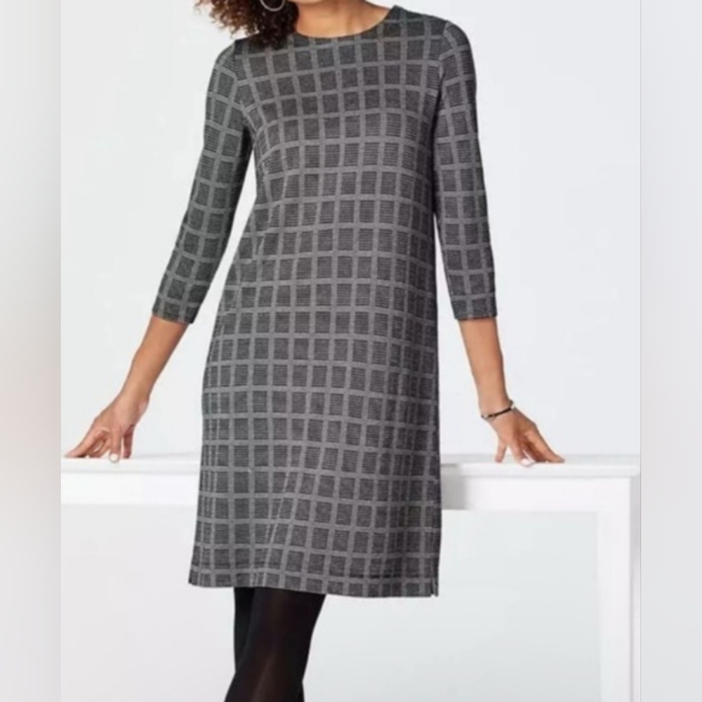 J. Jill Black and Gray Patterned 3/4 Sleeve Dress‎ Wearever Collection Large - Picture 2 of 5